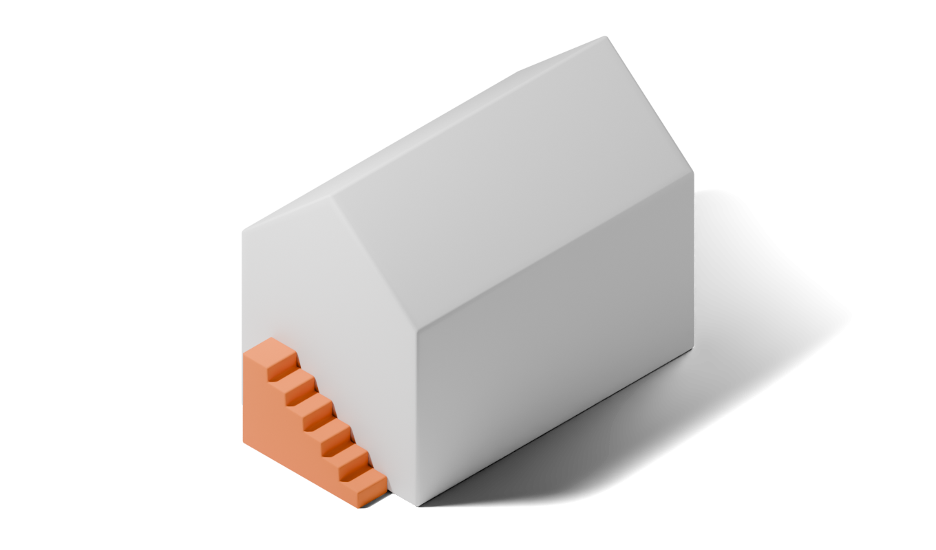 Illustration eines weißen Hauses mit Satteldach, an dessen Giebelseite eine orangefarbene Außentreppe angebaut ist.