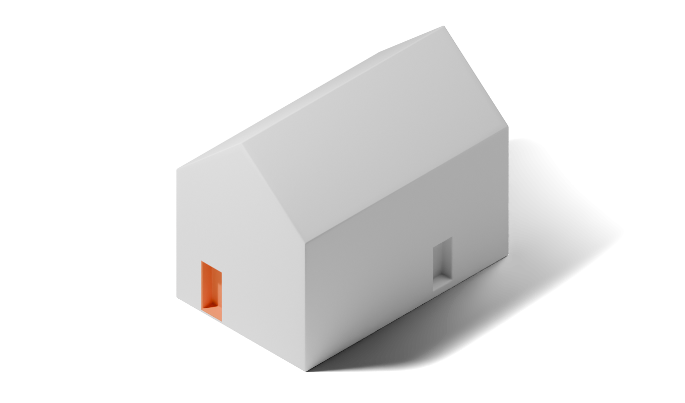 Illustration eines weißen Hauses, bei dem eine zweite Türöffnung durch eine orangefarbene Innenfläche hervorgehoben wird.