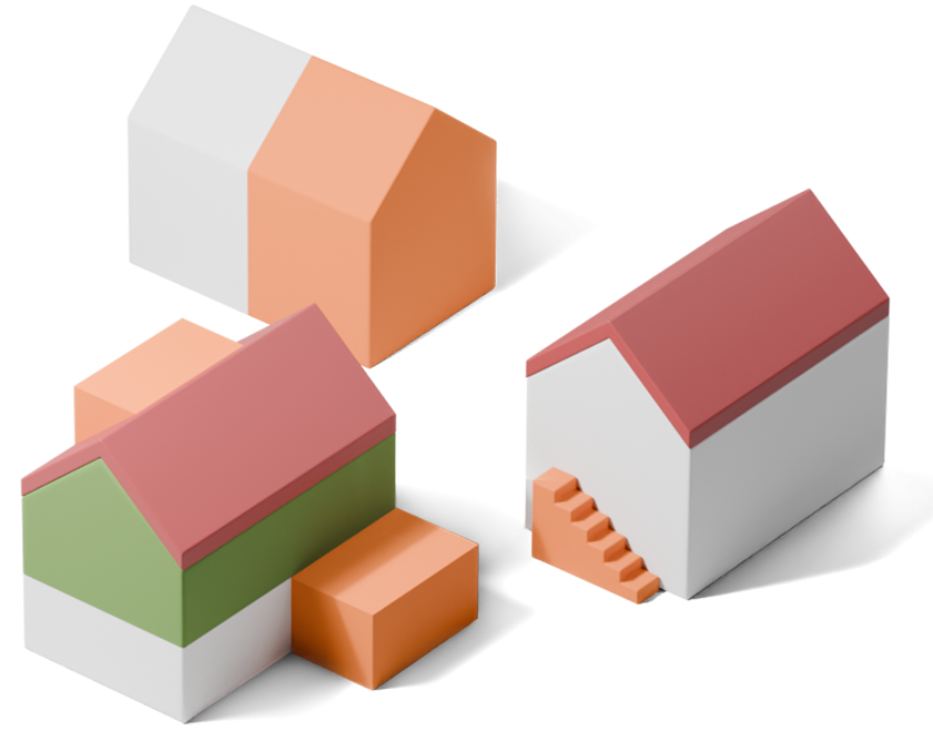 3D Rendering einer Wohnsiedlung mit verschiedenen Häusern